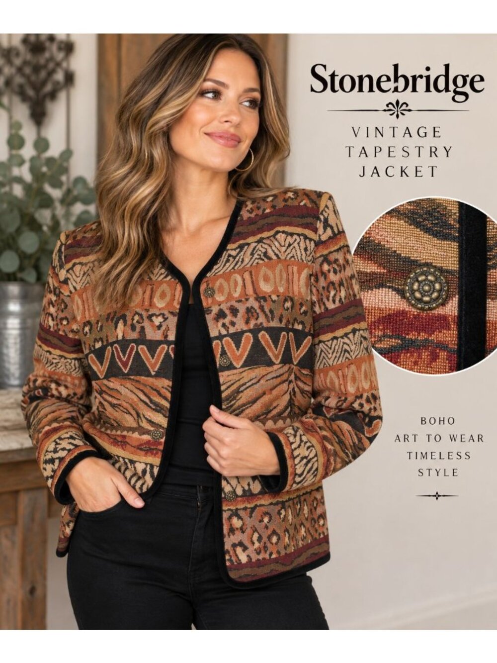 Vintage Stonebridge Tapestry Jacket Womens L Animal Print Boho Art To Wear 90s